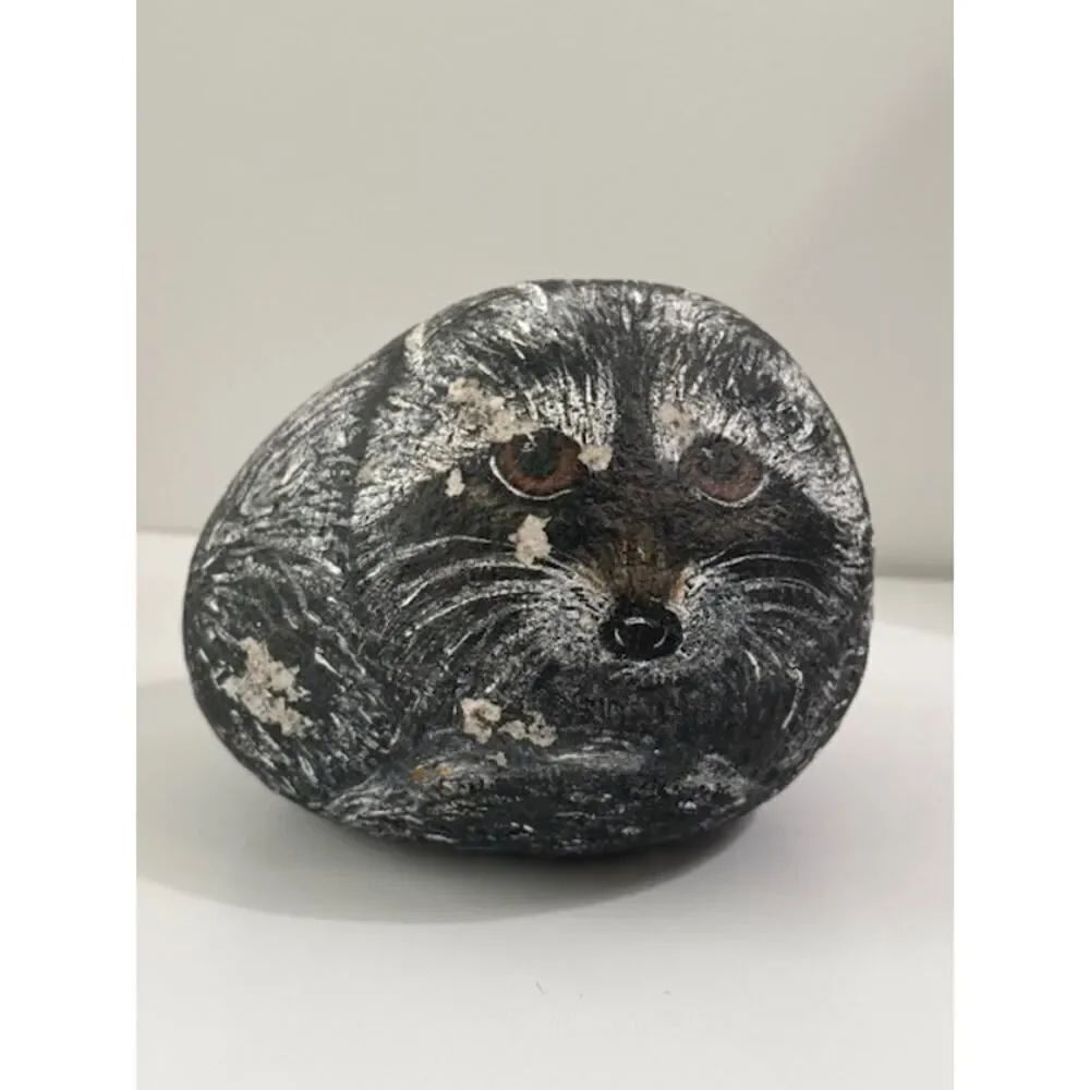 Vintage Raccoon Hand Painted On Rock Stone Signed